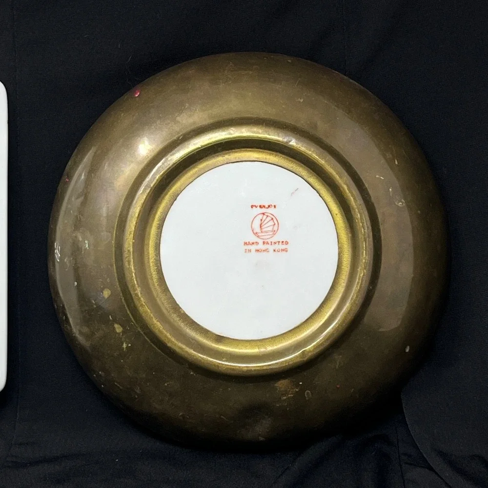 Vintage Hand Painted Porcelain Plate Bowl‎ Set Brass Rim Oriental Asian Horchow